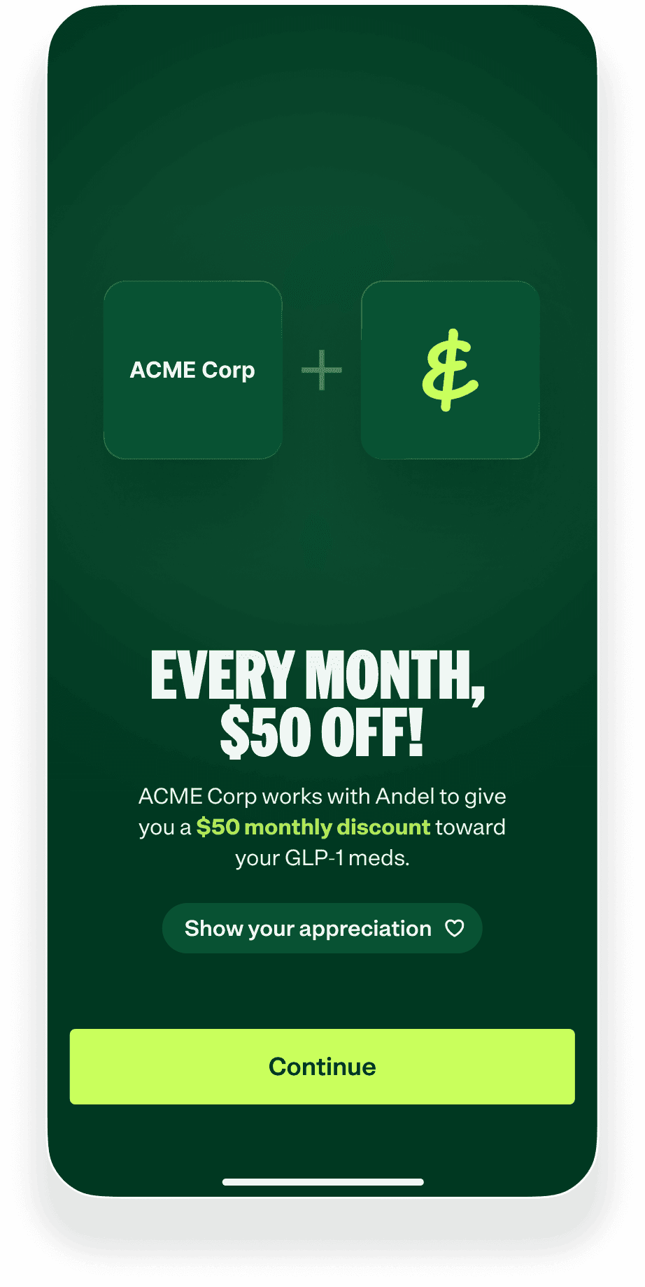 Promotional mobile pop-up with green background and falling confetti showing Dunder Mifflin logo plus a dollar icon, offering “Every month, $50 off” and a $50 monthly discount toward GLP-1 medications, with a “Continue” button at the bottom.