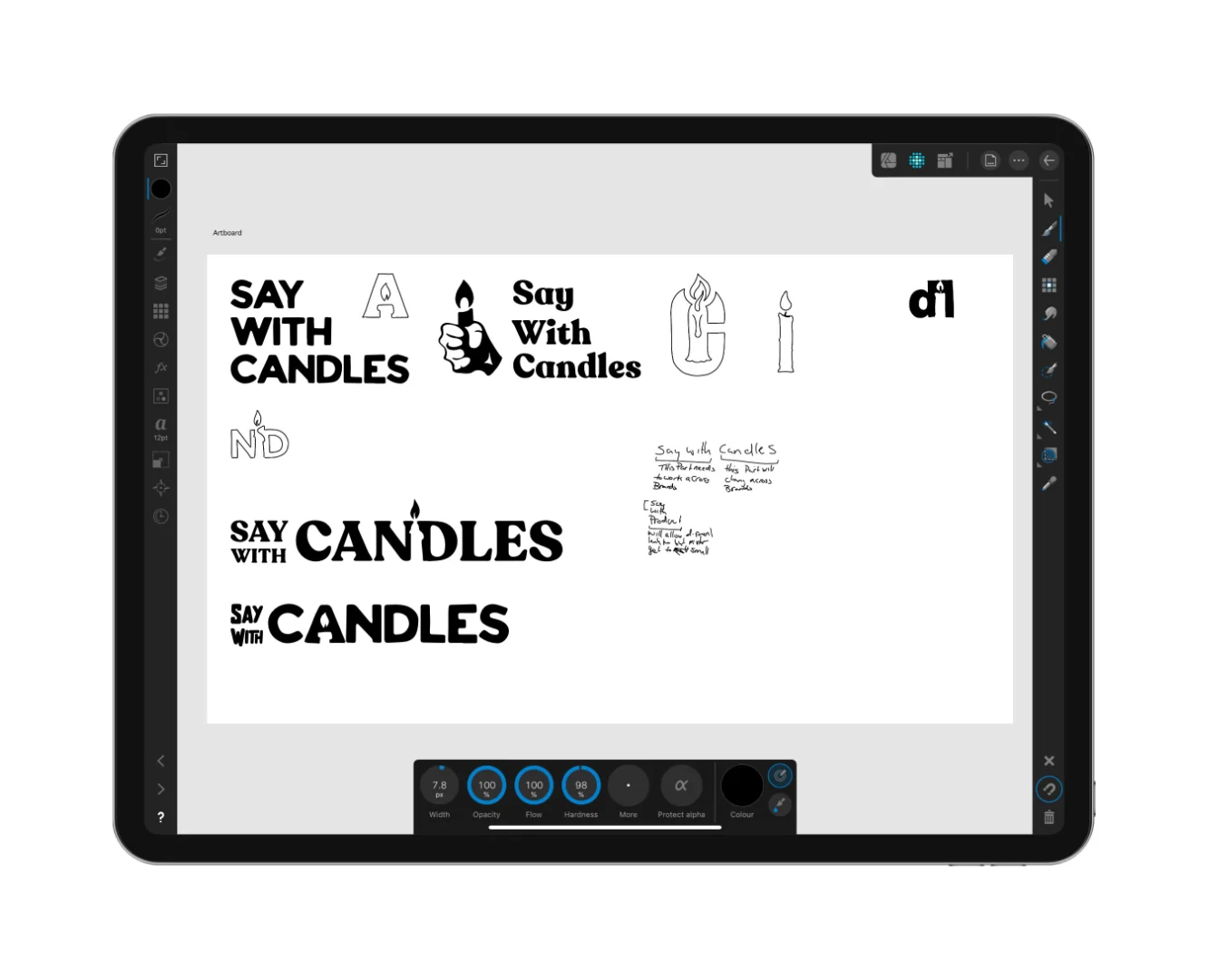Brand identity development for a boutique gift company by Made by Campfire, featuring a range of serif and script logo concepts for Say With Candles.