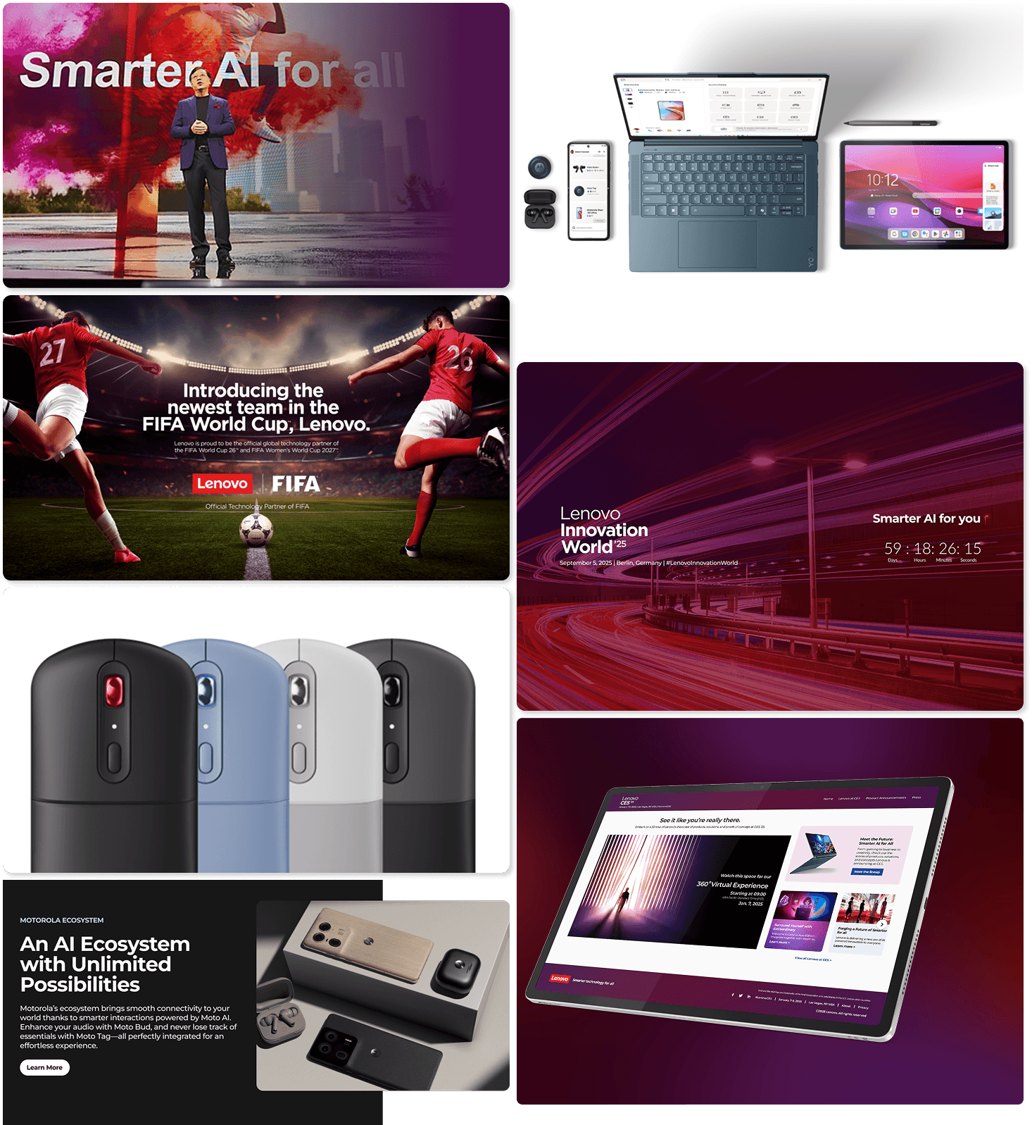 Collage of Lenovo promotional graphics showcasing AI-powered devices, FIFA partnership, and Innovation World event.