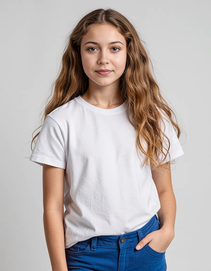 Professional portrait featuring wavy brown hair, classic white t-shirt and blue jeans against a minimal light gray background