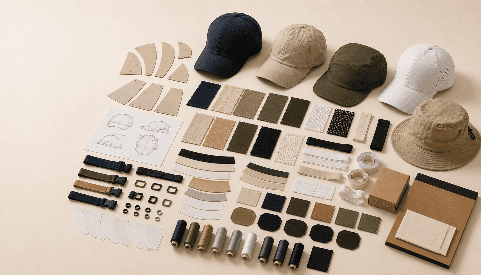 Blank caps, fabrics, trims, closures, visor components, patch bases and development references arranged as a headwear material and product-engineering library.