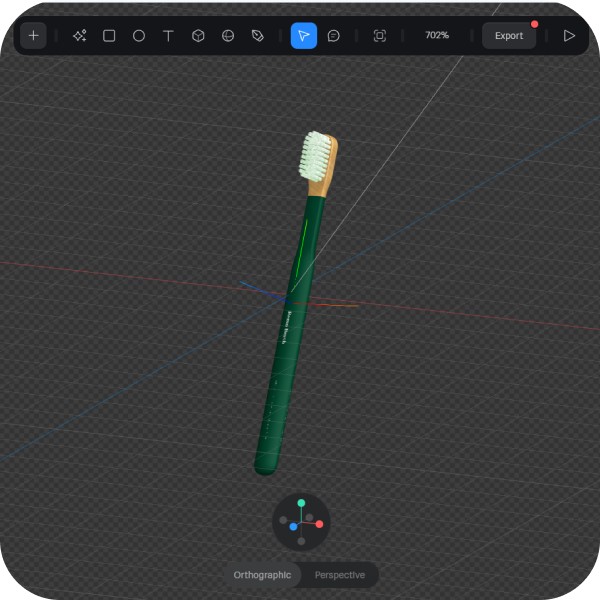 3D model of a RemoBrush toothbrush, designed by The Editor Suite. The dark green toothbrush with white bristles is shown within the 3D modeling software environment, with grid lines and editing tools visible. This image demonstrates the digital design process used to create the RemoBrush product visualization.