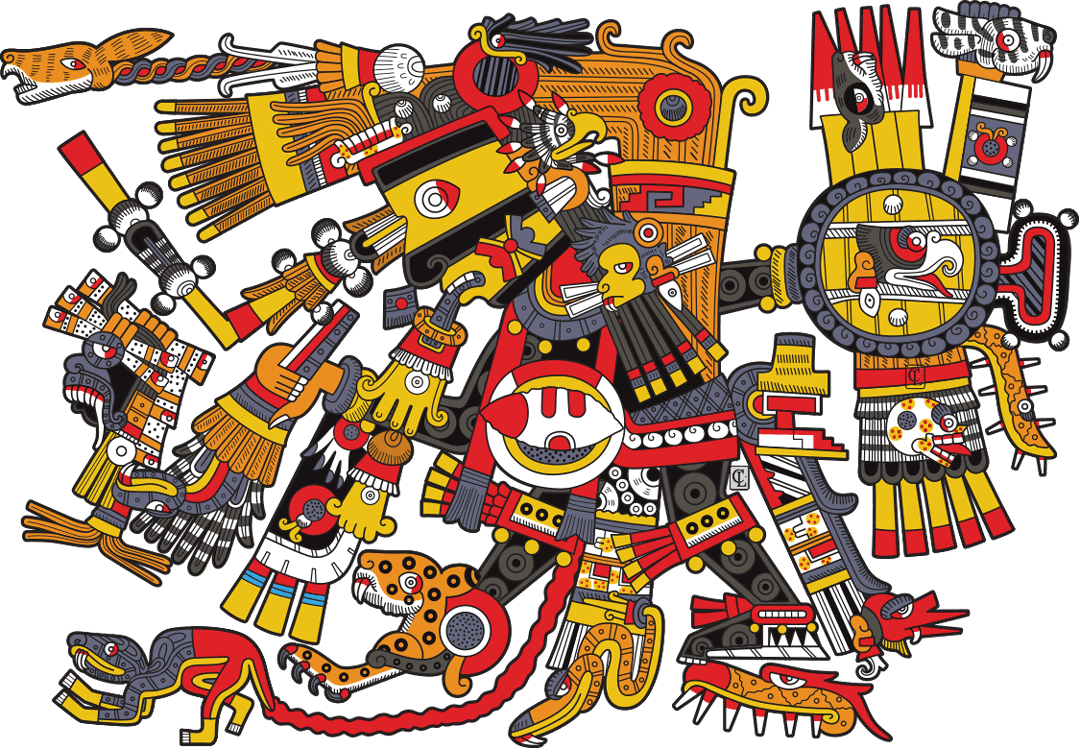Ilustración vectorial de la deidad Tezcatlipoca, el espejo humeante, rodeado de forma circular por los veinte signos nahuas del Tōnalpōhualli; una composición que integra arte gráfico moderno con simbología prehispánica.