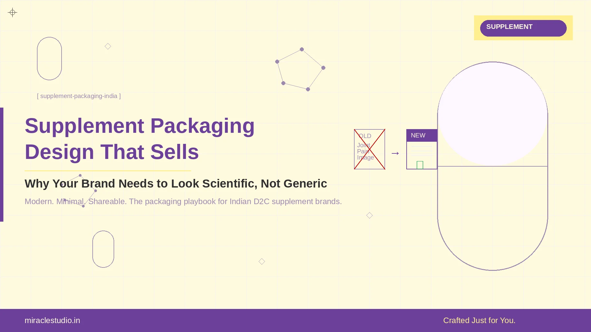 Modern supplement packaging design concept showing old vs new approach — scientific and minimal branding for Indian D2C brands