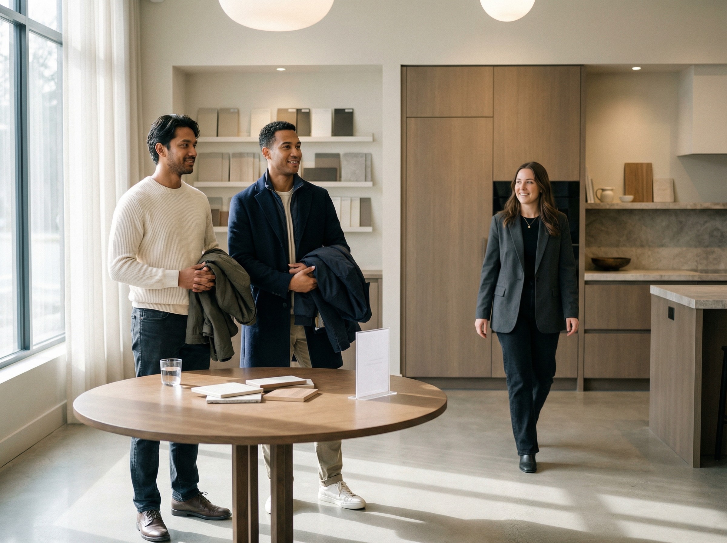Ein kleiner Tisch im Empfangsbereich mit einem dezenten Aufsteller, daneben steht ein Glas Wasser. Ein Paar wartet entspannt, die Jacken ordentlich über dem Arm. Eine Beraterin kommt lächelnd auf sie zu. Der Moment wirkt ruhig, verbindlich und organisiert.