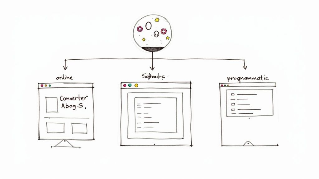 Diagram illustrates three approaches to data handling: online conversion, desktop software, and programmatic tools.