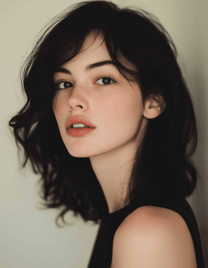 Close-up portrait of a young woman with shoulder-length, dark wavy hair and minimal makeup.