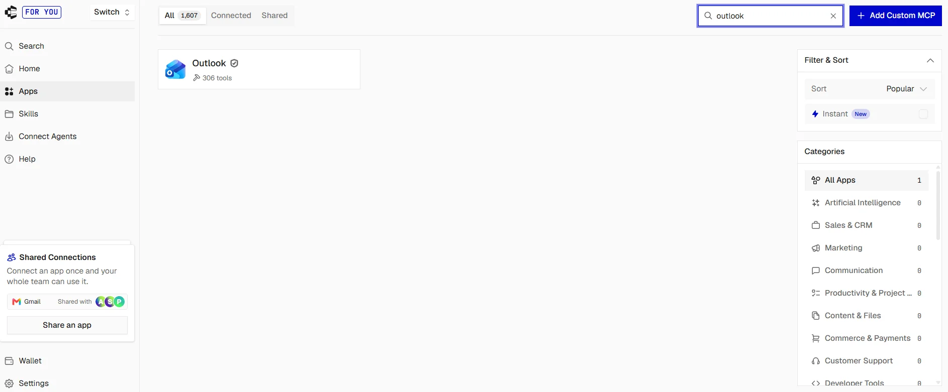 Composio dashboard app search for Outlook