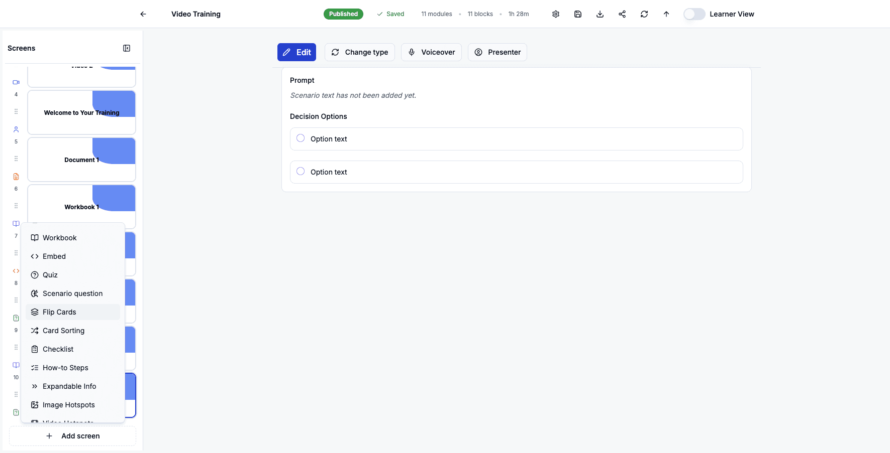 Select Flip Cards to add interactive cards learners can click to reveal information.