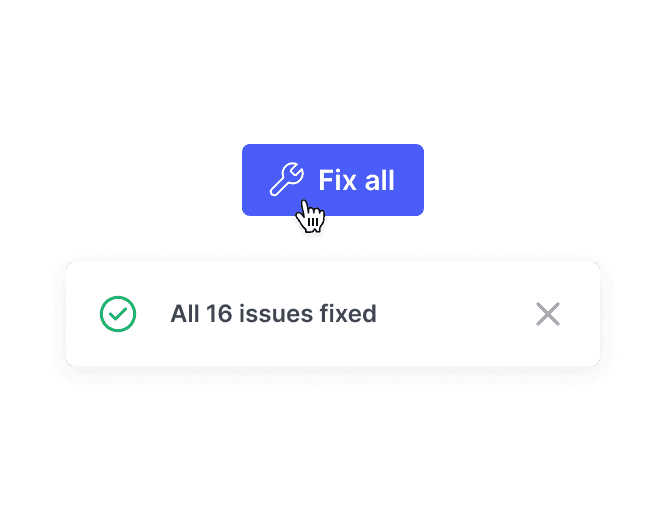 A "Fix all" button being clicked, resulting in a success notification that reads "All 16 issues fixed," demonstrating automated UI resolution.