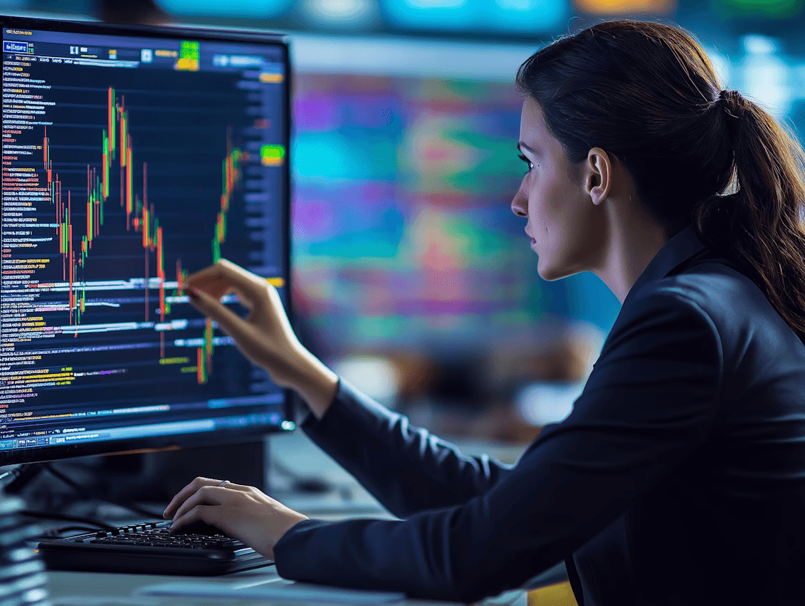 Woman analyzing financial charts on a compute