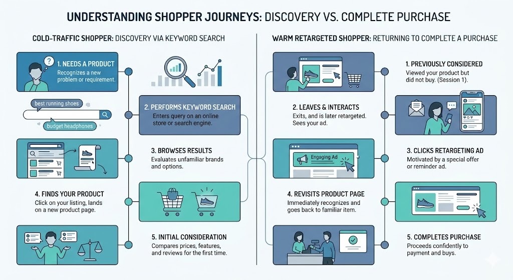 Amazon Sponsored Display retargeting warm audience versus cold traffic shopper journey funnel comparison