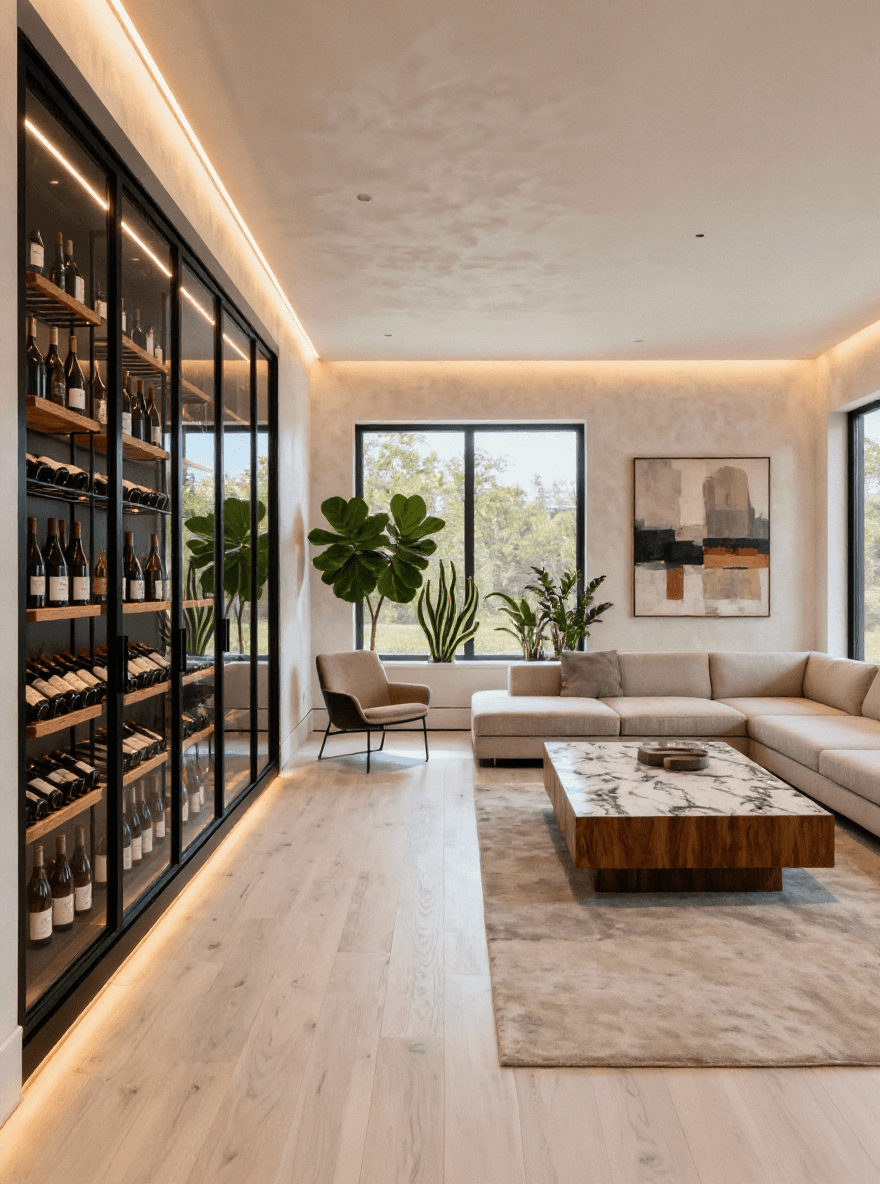 Modern living room in Austin, Texas featuring a custom glass-enclosed wine wall with white oak racking and matte black framing by Prestige Wine Cellars, designed for a fine dining-inspired display.