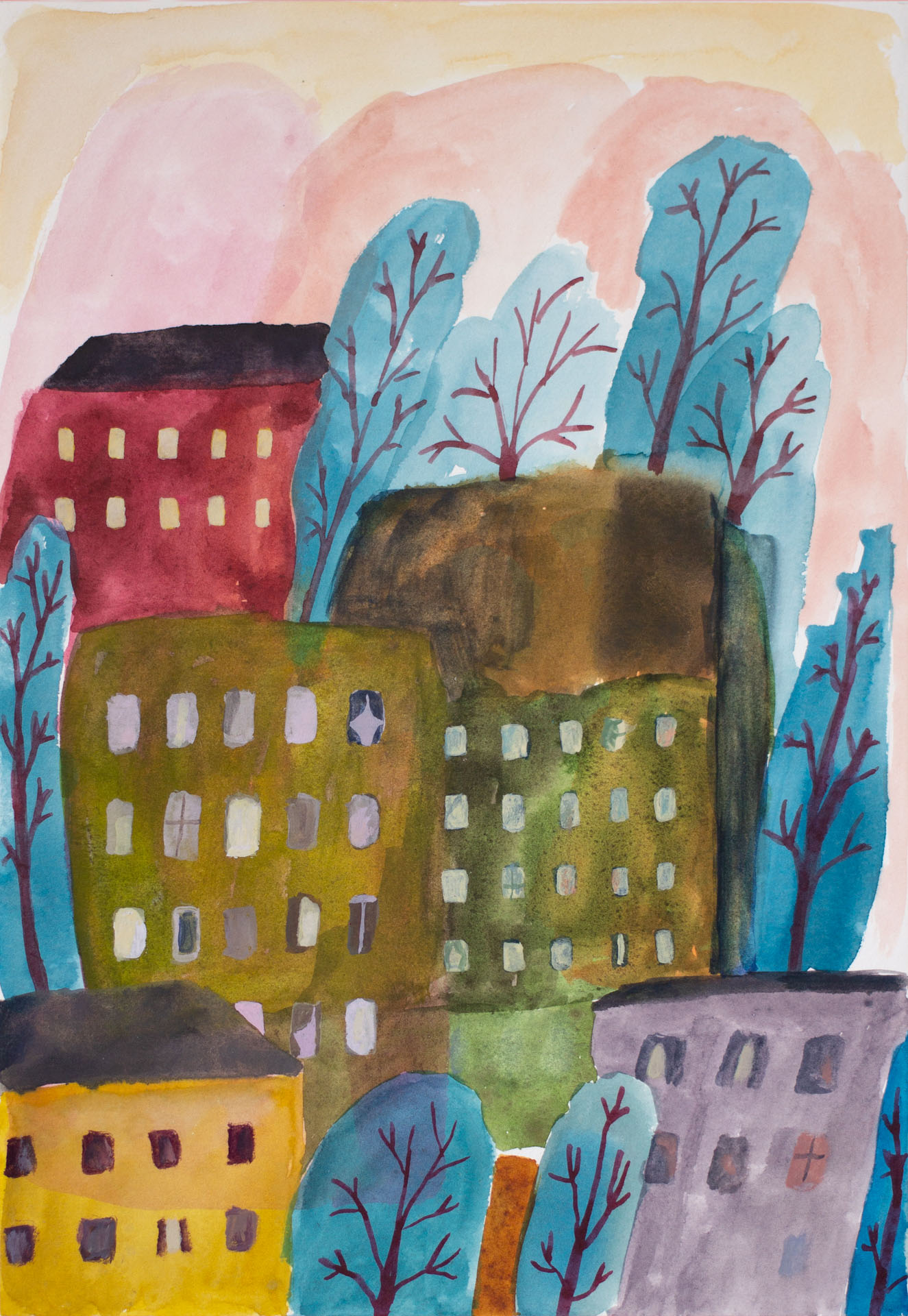 Neighborhood, 2023, egg tempera and watercolor on paper, 12x9"