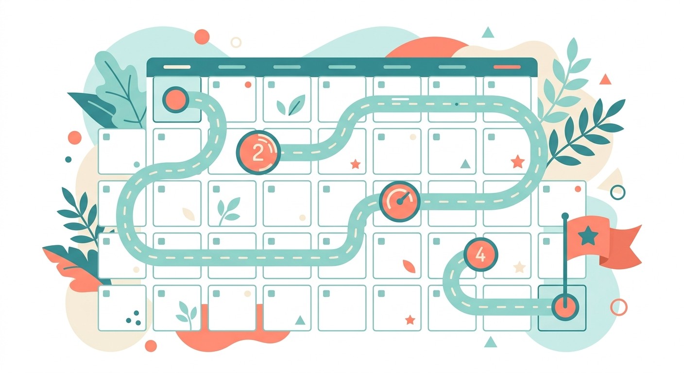 Illustration of a 30-day app promotion plan calendar with a path through four weekly milestones