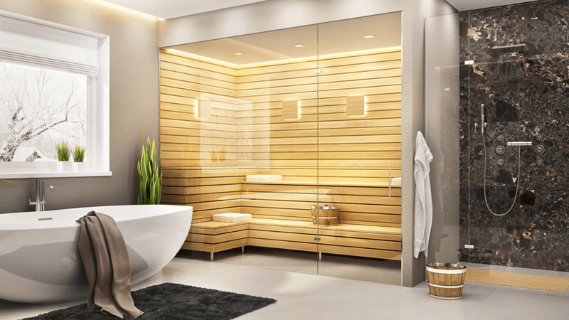 Modernes Badezimmer mit Badewanne und Sauna