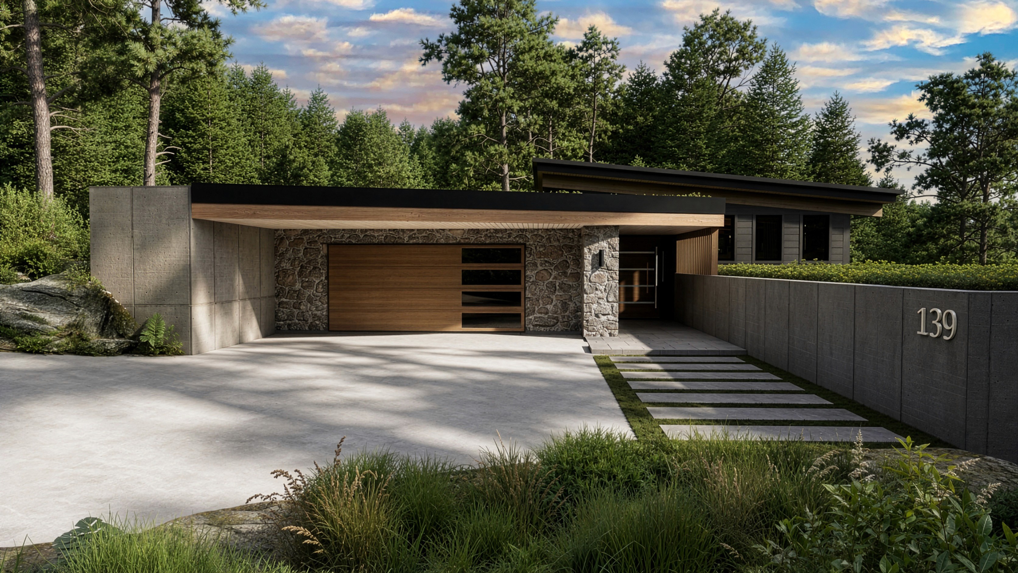 Mid-century modern custom home with stone exterior, flat roof forms, geometric volumes, and built into a hill.