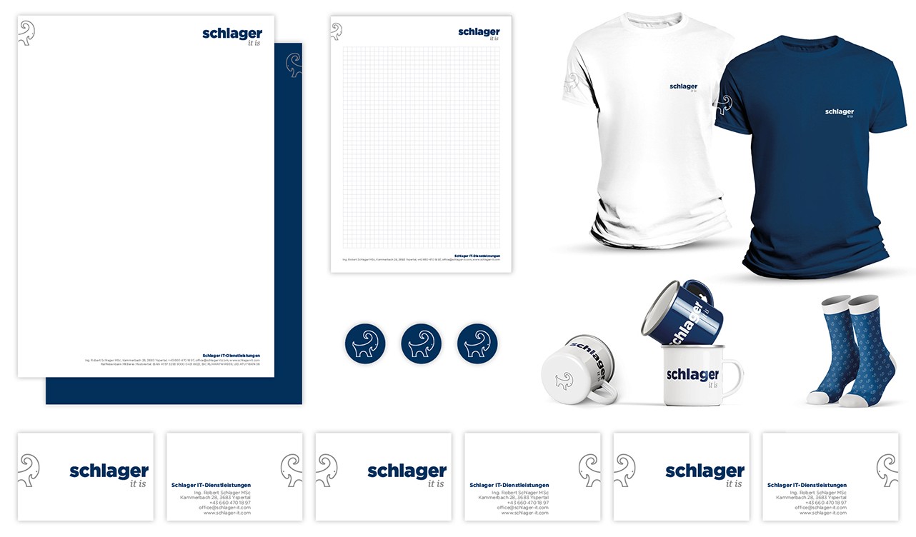 Geschäftsausstattung: Briefpapier, Visitenkarten, Block, EmailleTassen, T-Shirts, Socken