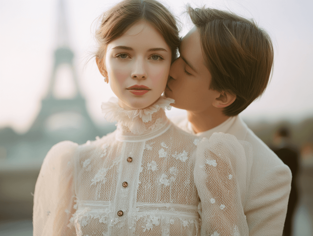 Groom kissing his bride's cheek in front of the Eiffel Tower, elegant Saint Laurent wedding photography in Paris