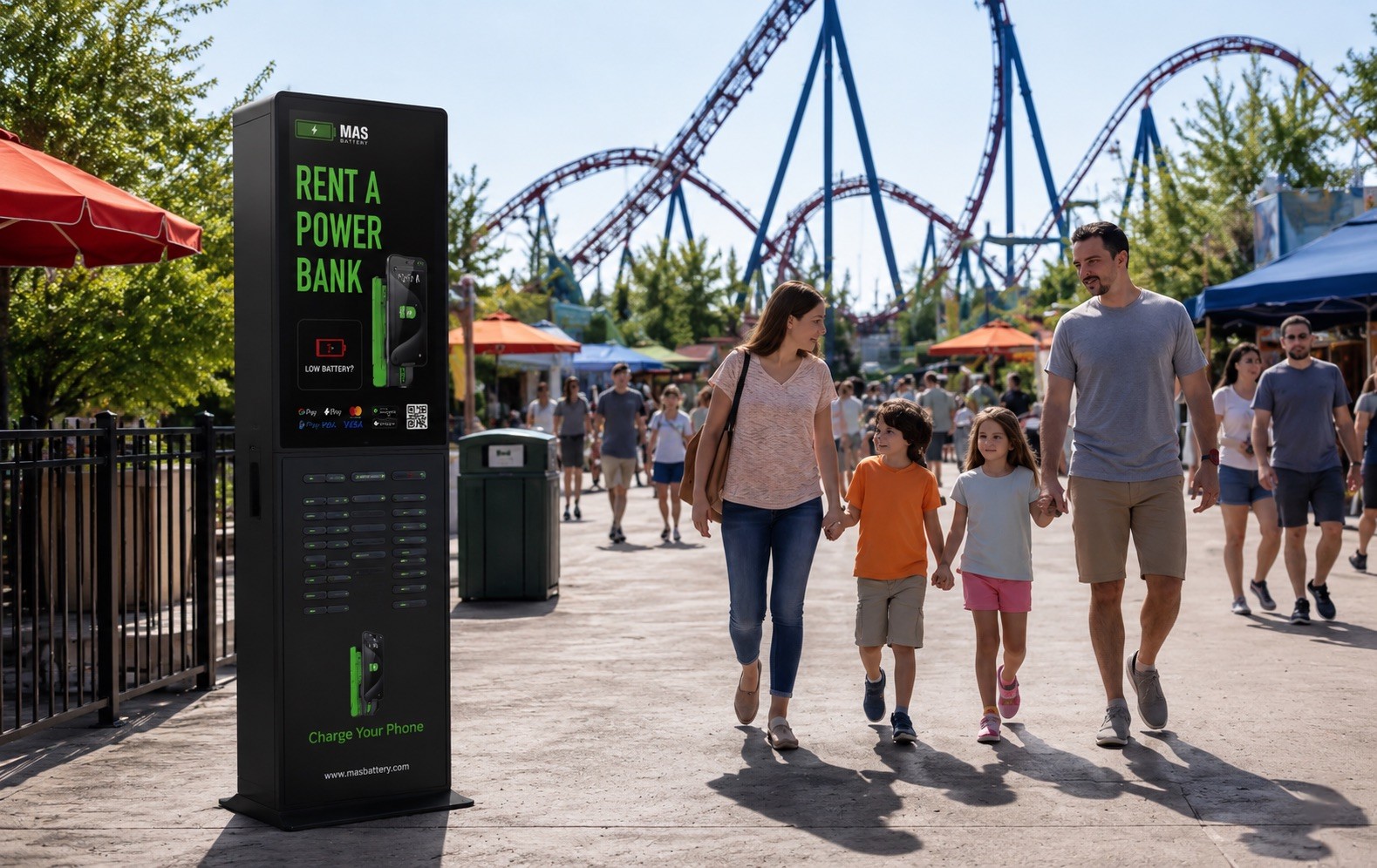 A family walks down a pathway at an amusement park with a massive roller coaster in the background, passing a tall MAS Battery charging station kiosk.