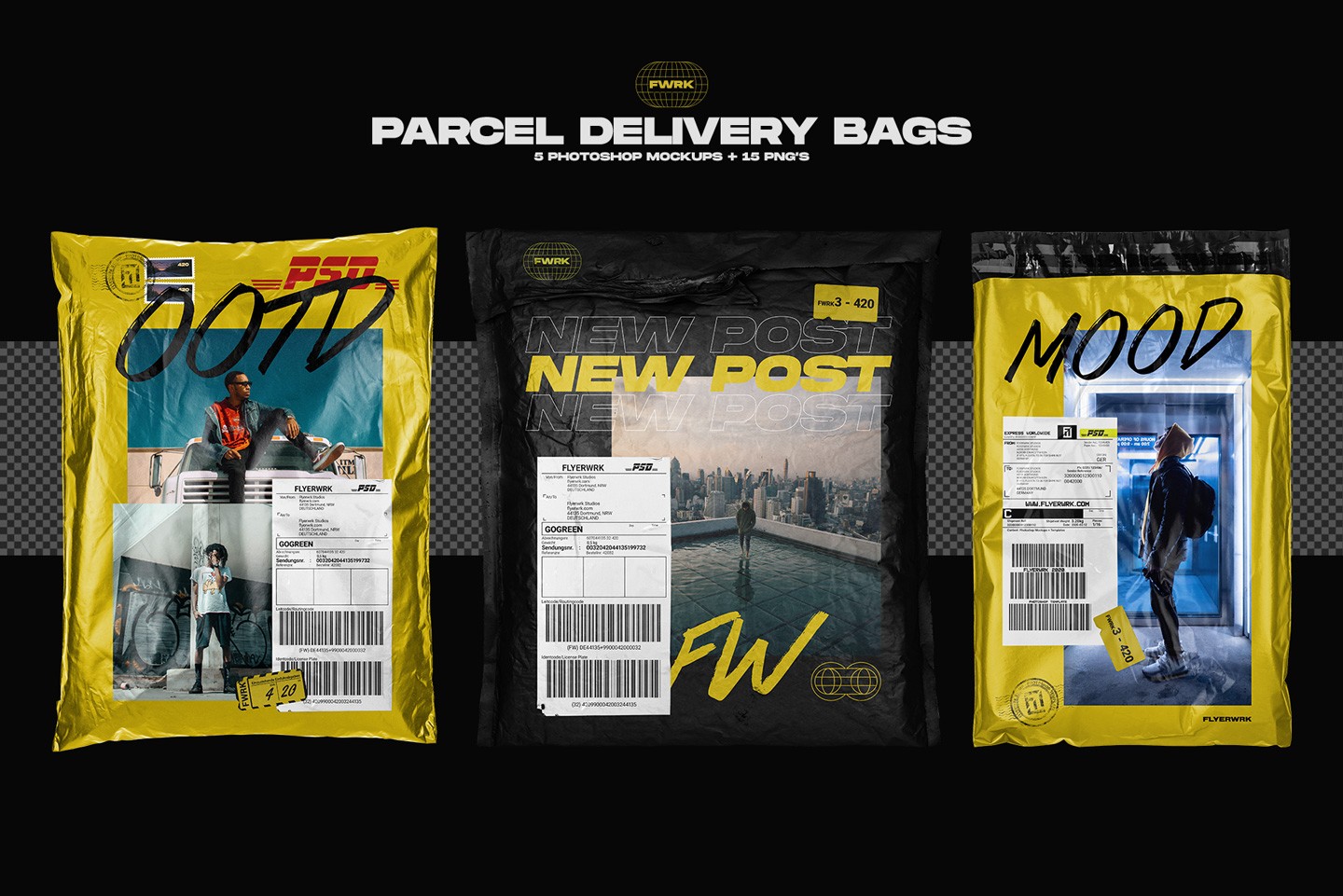 Parcel delivery bag mockups with multiple shipping bag design examples and labels