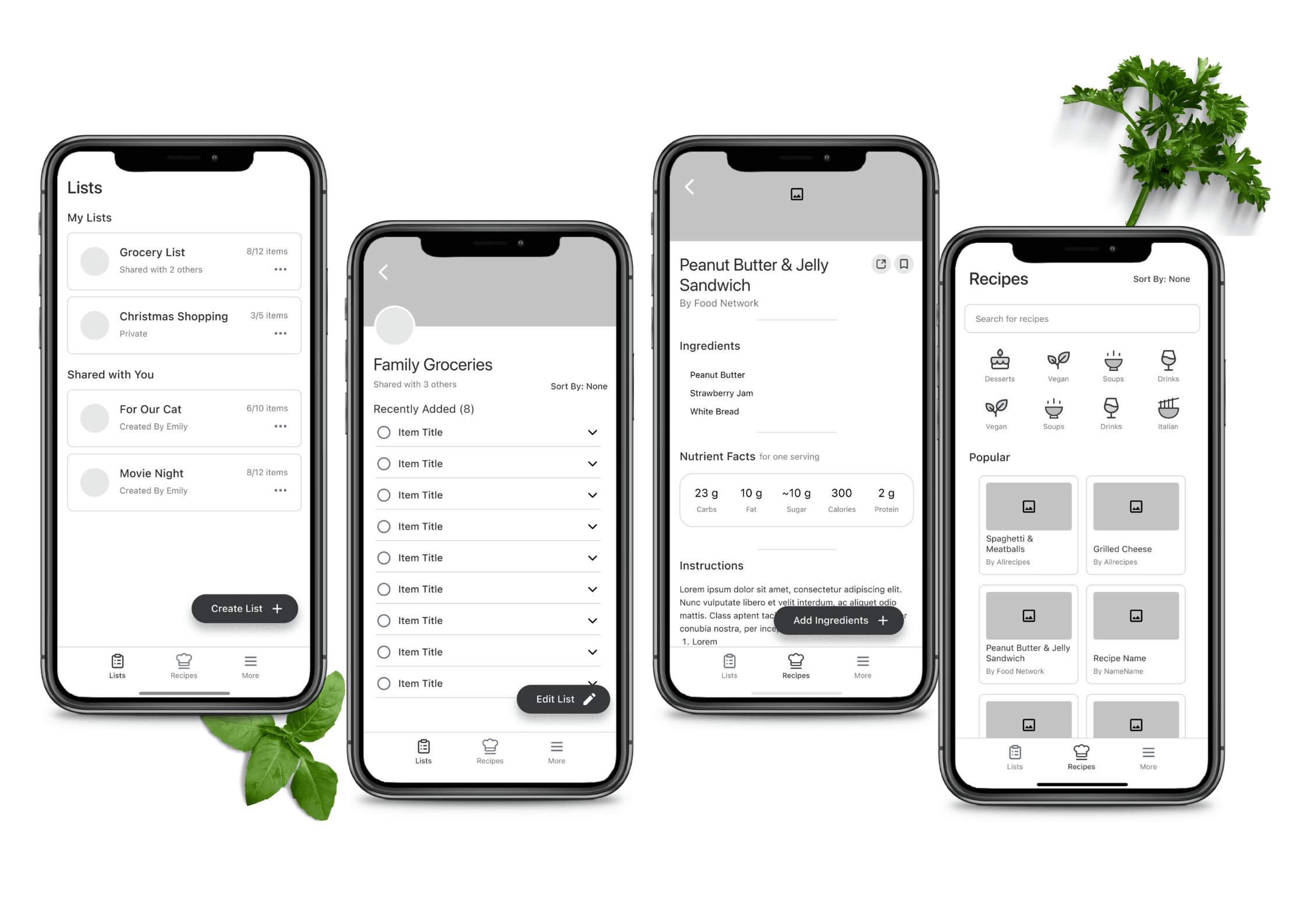 Four mock ups of the KitchenSync app showcasing list and recipe features, surrounded by fresh herbs