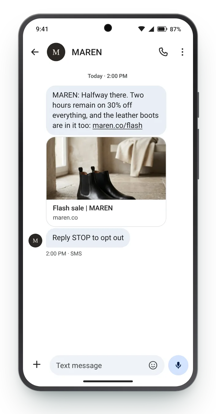 Two hours left of four flash sale text on an Android phone