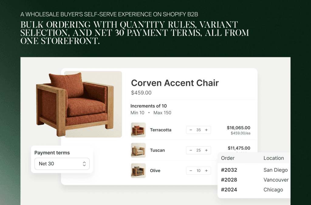 B2B-Sammelbestellung eines Sessels in Shopify mit Mengenregeln, Farbvarianten und Zahlungsziel Net 30