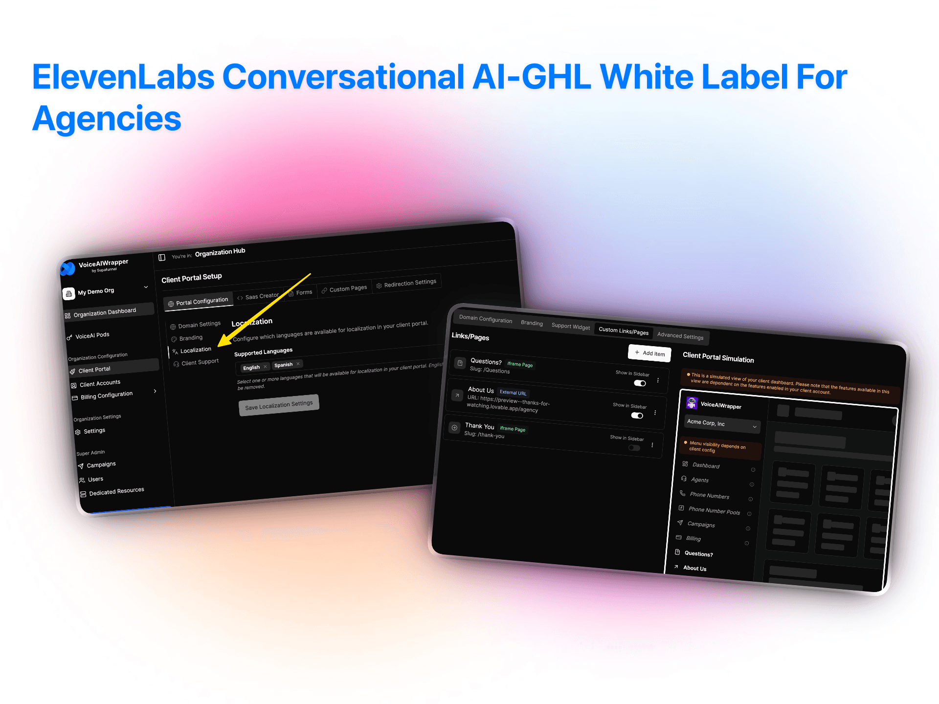 ElevenLabs Conversational AI-GHL white label platform for agencies showing client portal customization with localization and branding settings |  VoiceAIWrapper