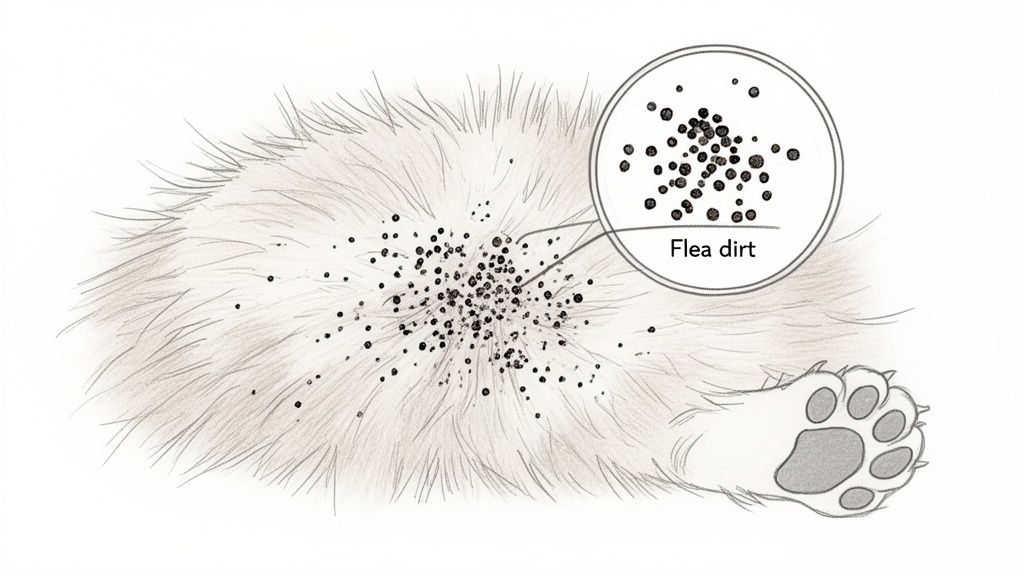 Close-up illustration showing flea dirt on pet fur with a magnified inset identifying it.