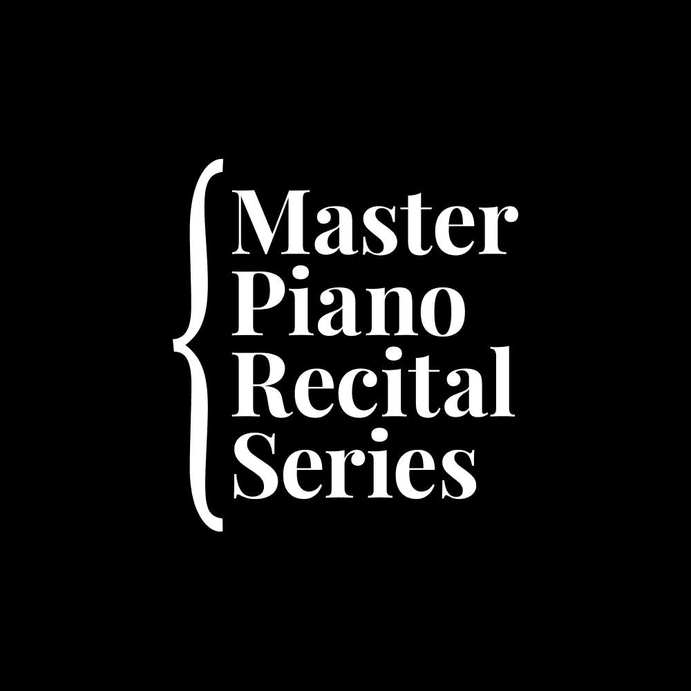 White Master Piano Recital Series logo, stacked vertically and enclosed in a large curly brace on the left, on a black background.