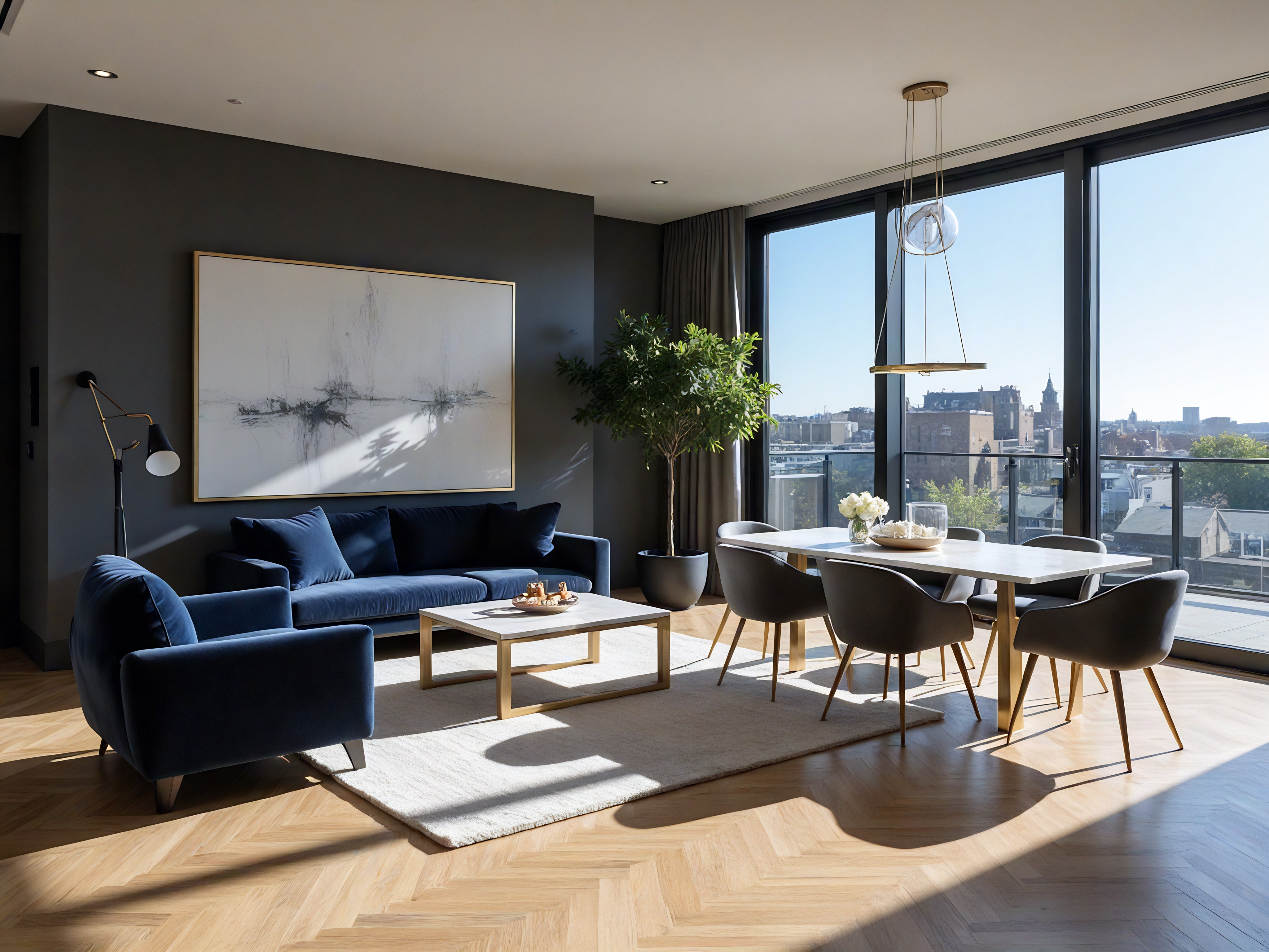 A classic European-style bedroom with ornate ceiling moldings and white paneled walls is shown. A large window on the far wall looks out on green foliage. A large, green upholstered, winged bed is against the wall on the left, which has a two-panel grey and white painting hanging directly above the bed. The bed features light sage green pillows and bedding as well as a small, green upholstered bench at the foot. A sage green knitted throw blanket is at the lower end. On either side of the bed are small, wooden bedside tables, both with lamps with beige-colored shades. The left bedside table has a stack of three small drawers. A larger rug in a shade of grey sits in front of the bed on the grey and white marble-patterned flooring. To the right, against the right wall, are floor-to-ceiling cream cabinets with gold-colored T-bar style handles. A dark grey pot with a green, leafy bush inside is near the corner and next to the window. In front of the window is a white radiator.