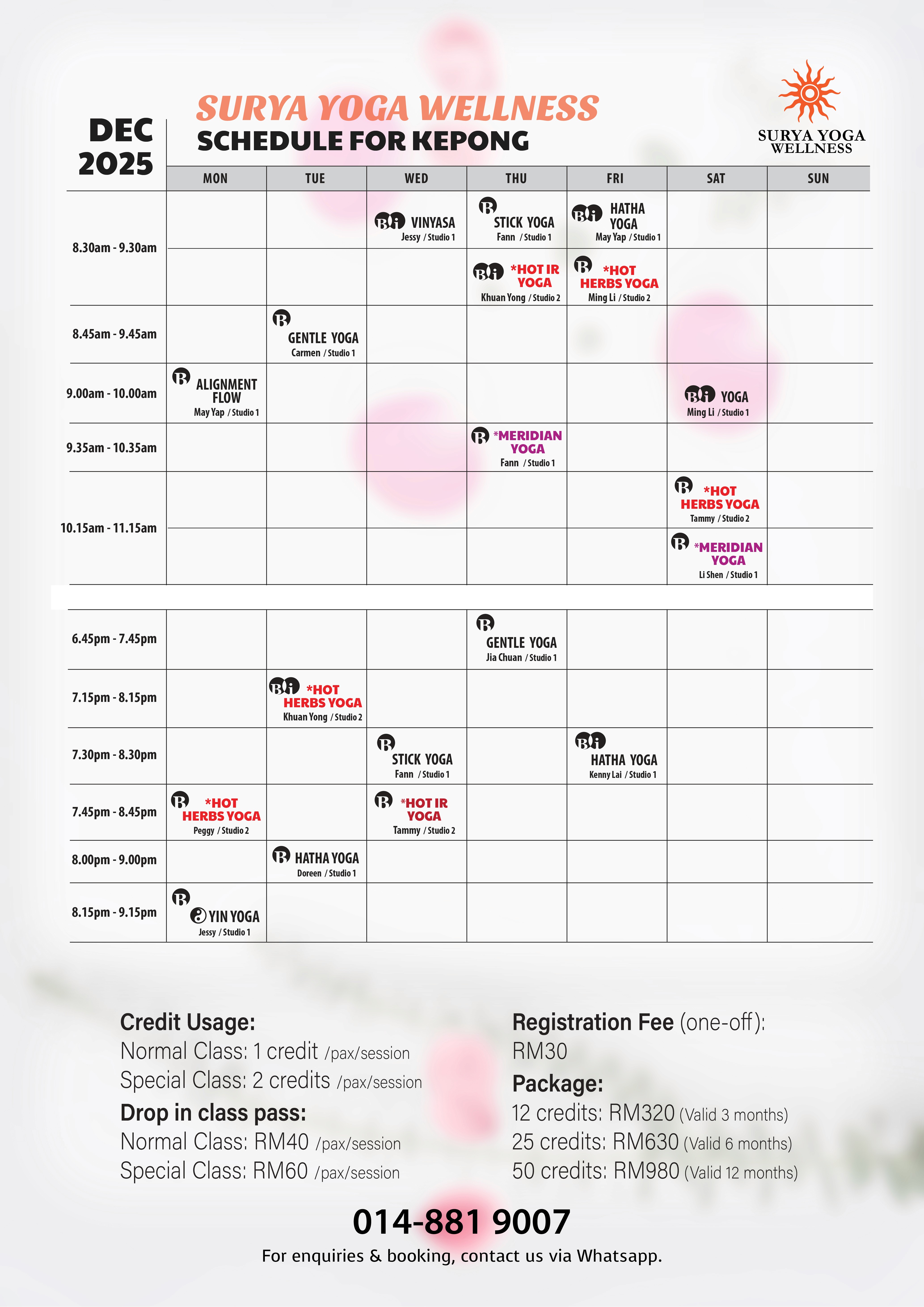 Surya Yoga & Wellness Kepong Schedule