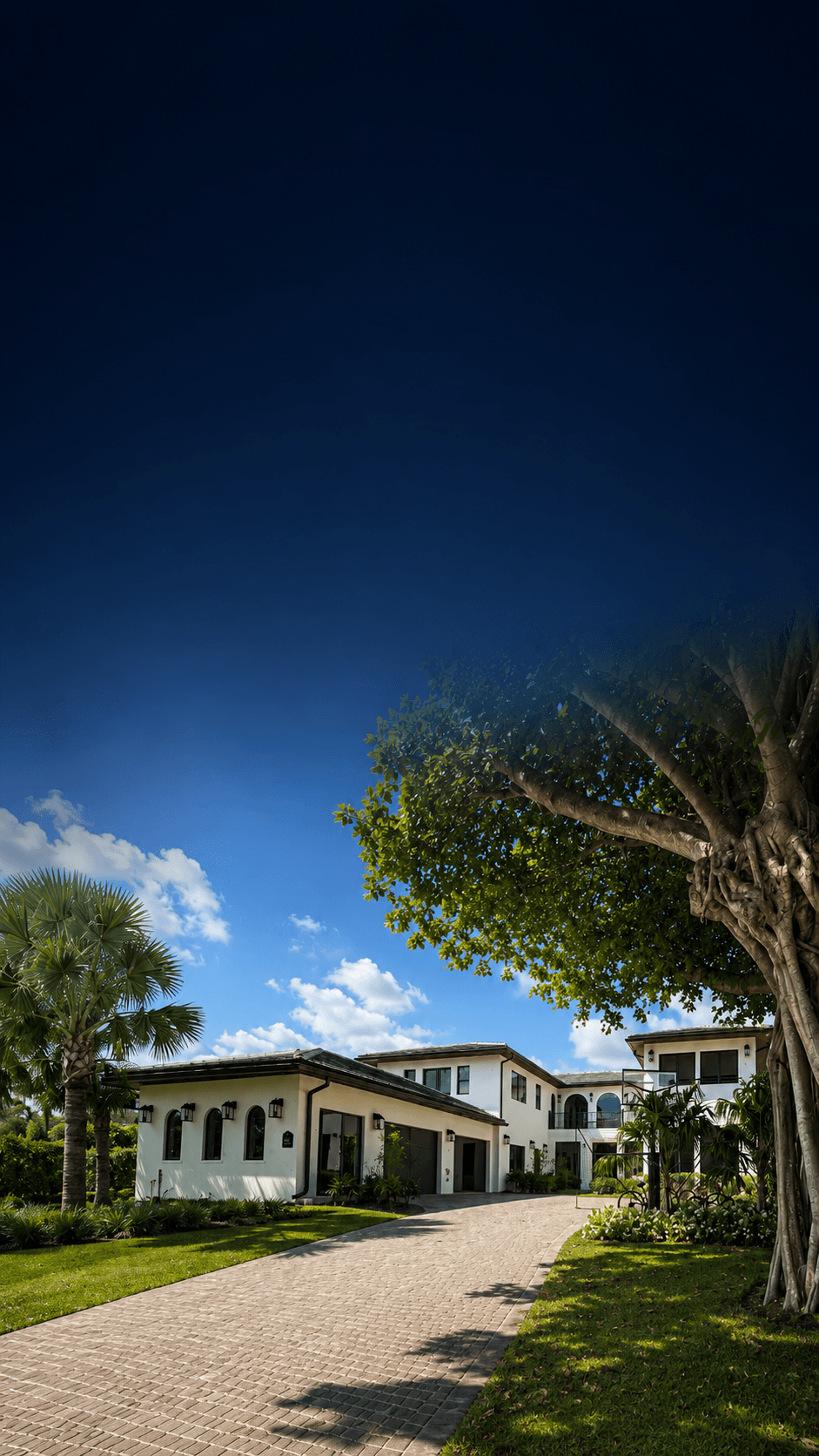 Wide view of a Mediterranean-style estate in Bay Point, with a sweeping paver driveway, white stucco facade, arched windows, a large banyan tree, palms, and landscaped grounds.