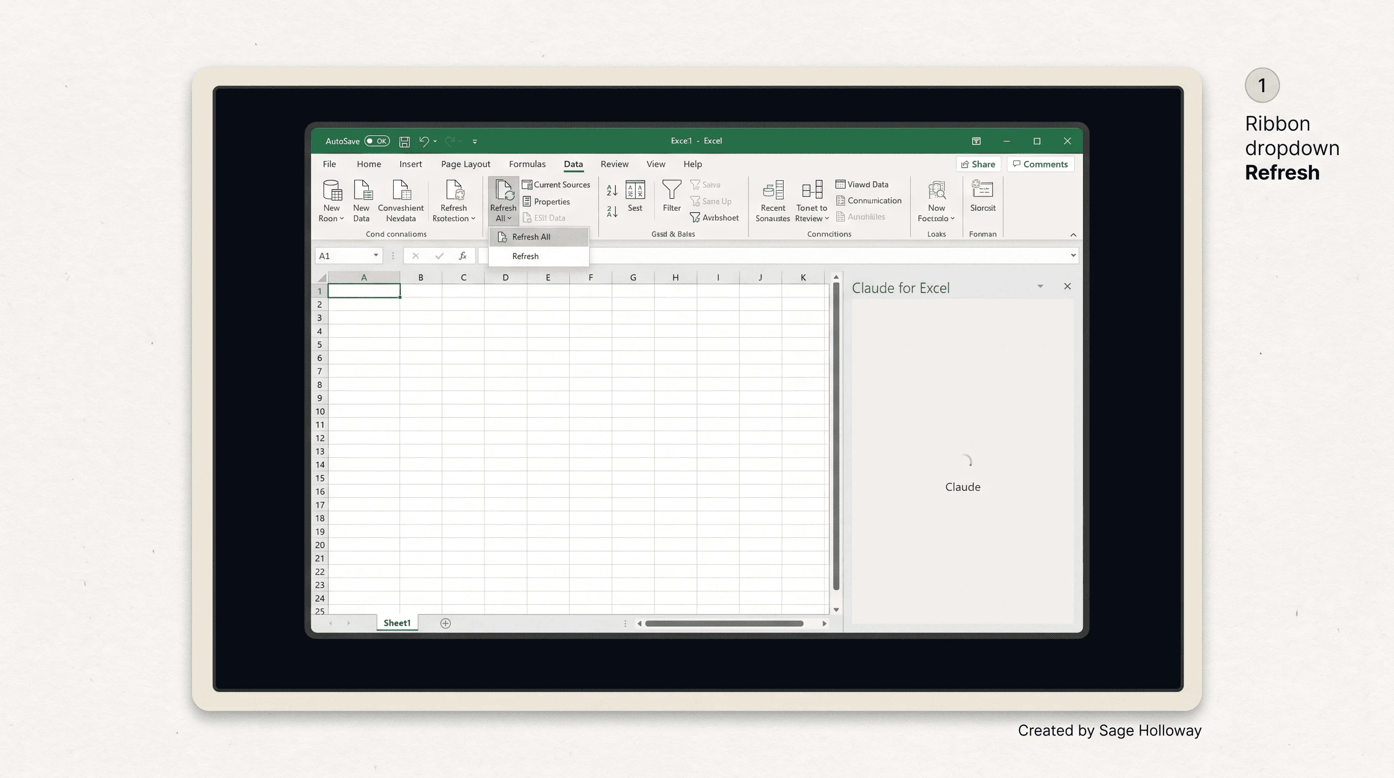 Teaching reconstruction of Excel ribbon dropdown Refresh for a blank Claude sidebar