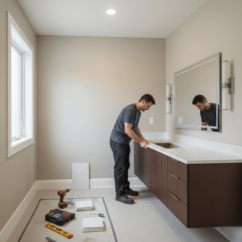 One of PEI Builder's crew members remdeling a commercial bathroom