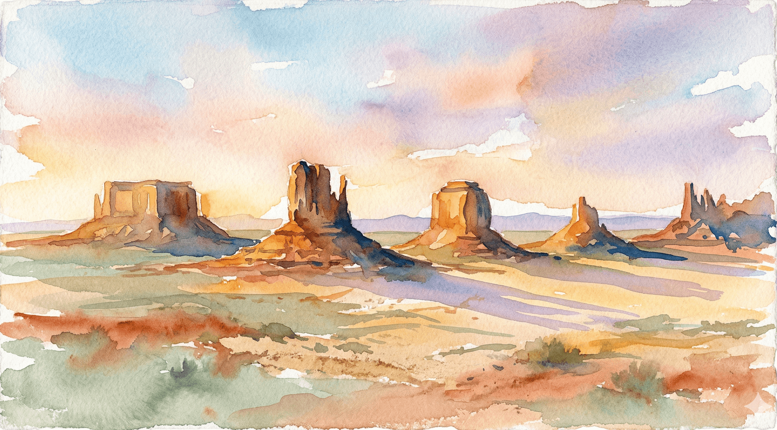 Watercolor five rock formations rising from a desert plain at golden hour