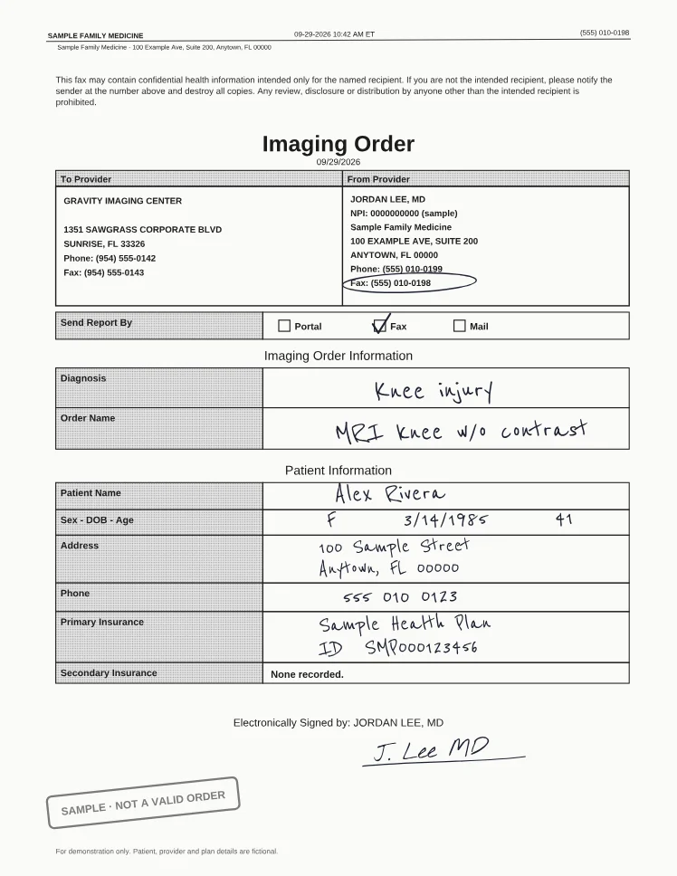 A handwritten, faxed imaging order for an MRI of the knee, a fictional sample marked not a valid order