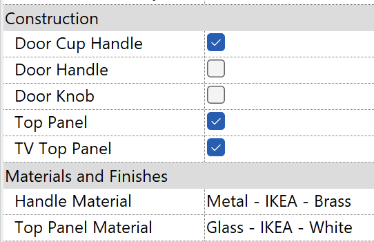 Instance-based options for handle style, top panels and their respective materials.