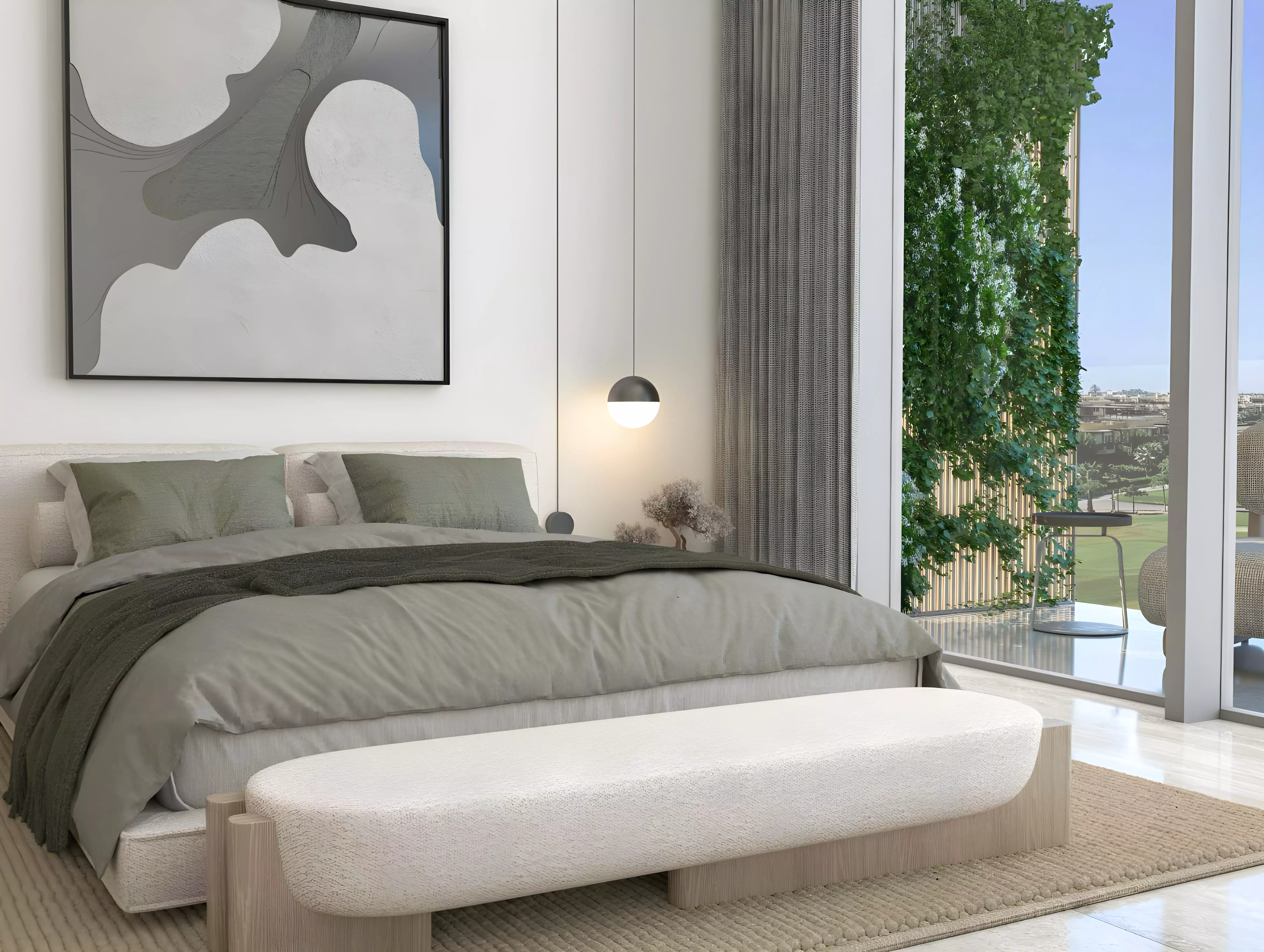 A modern bedroom featuring a large bed and an oversized painting, designed for relaxation at Repose Residence.