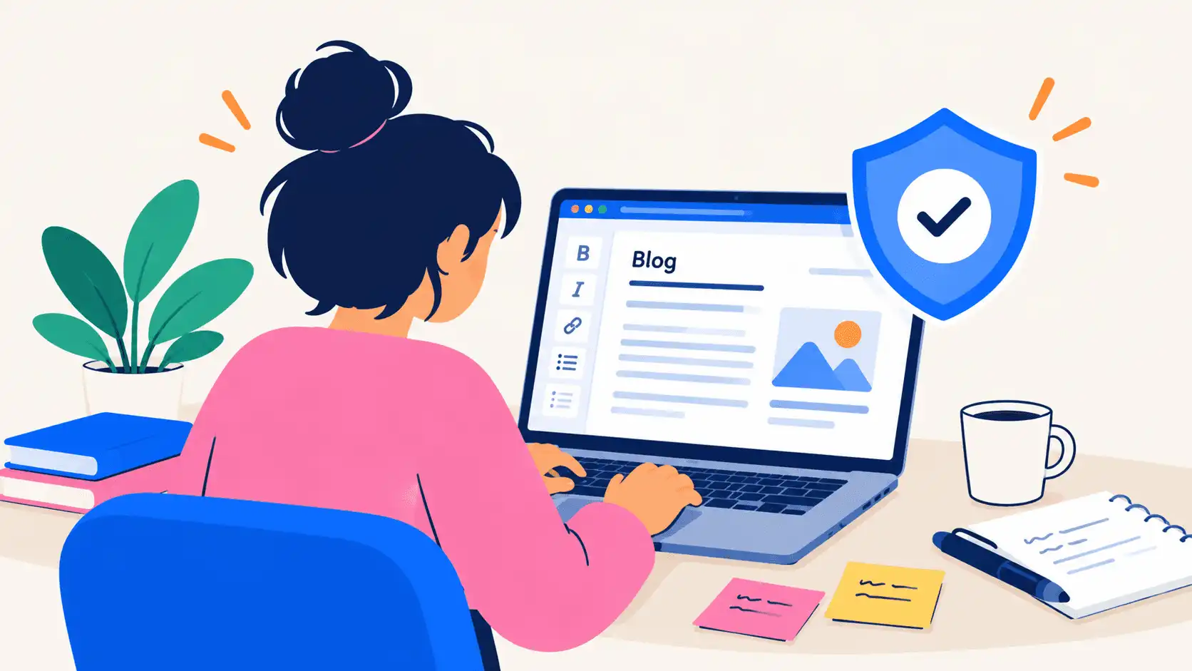 Woman editing a blog post on a laptop beside a shield icon, representing protecting ranking content during a redesign