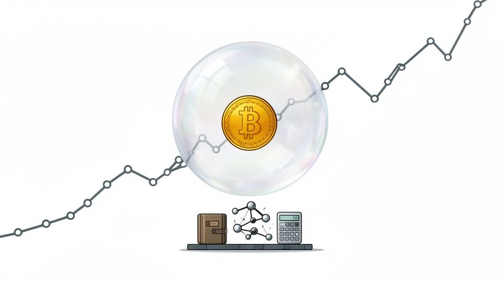 A golden Bitcoin coin inside a transparent bubble, with an upward trend line and financial tools.