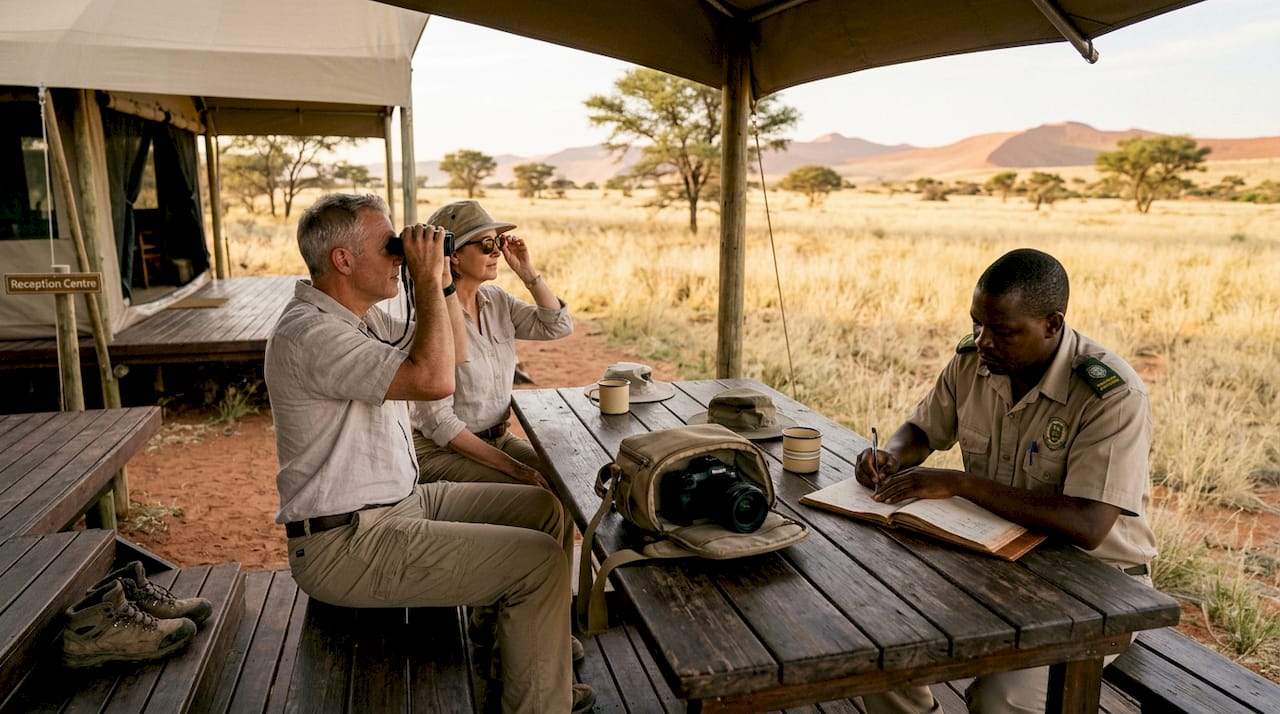 Travelers and ranger at luxury Namibian safari camp