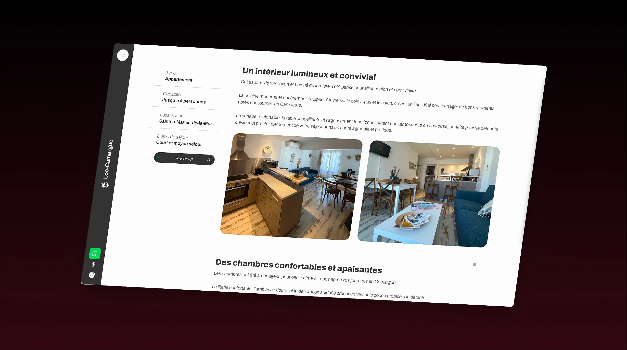Page de détail d’un logement : type, capacité, équipements et visuels