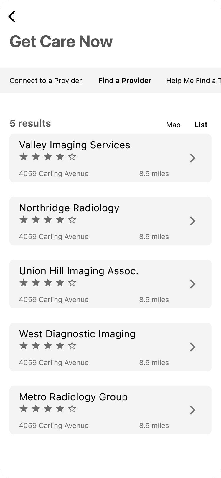 Get care now, provider list page