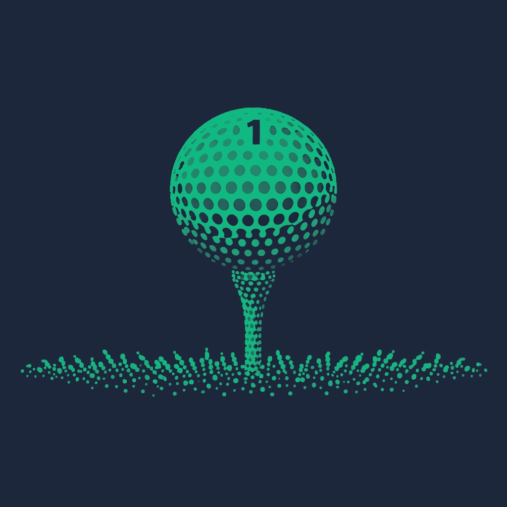 A stylized, minimalist illustration of a teal golf ball resting on a tee, set against a dark navy background. The image is composed entirely of varying sizes of teal dots, creating a digital halftone or "pop art" effect. The number "1" is printed in dark navy at the top of the golf ball.
