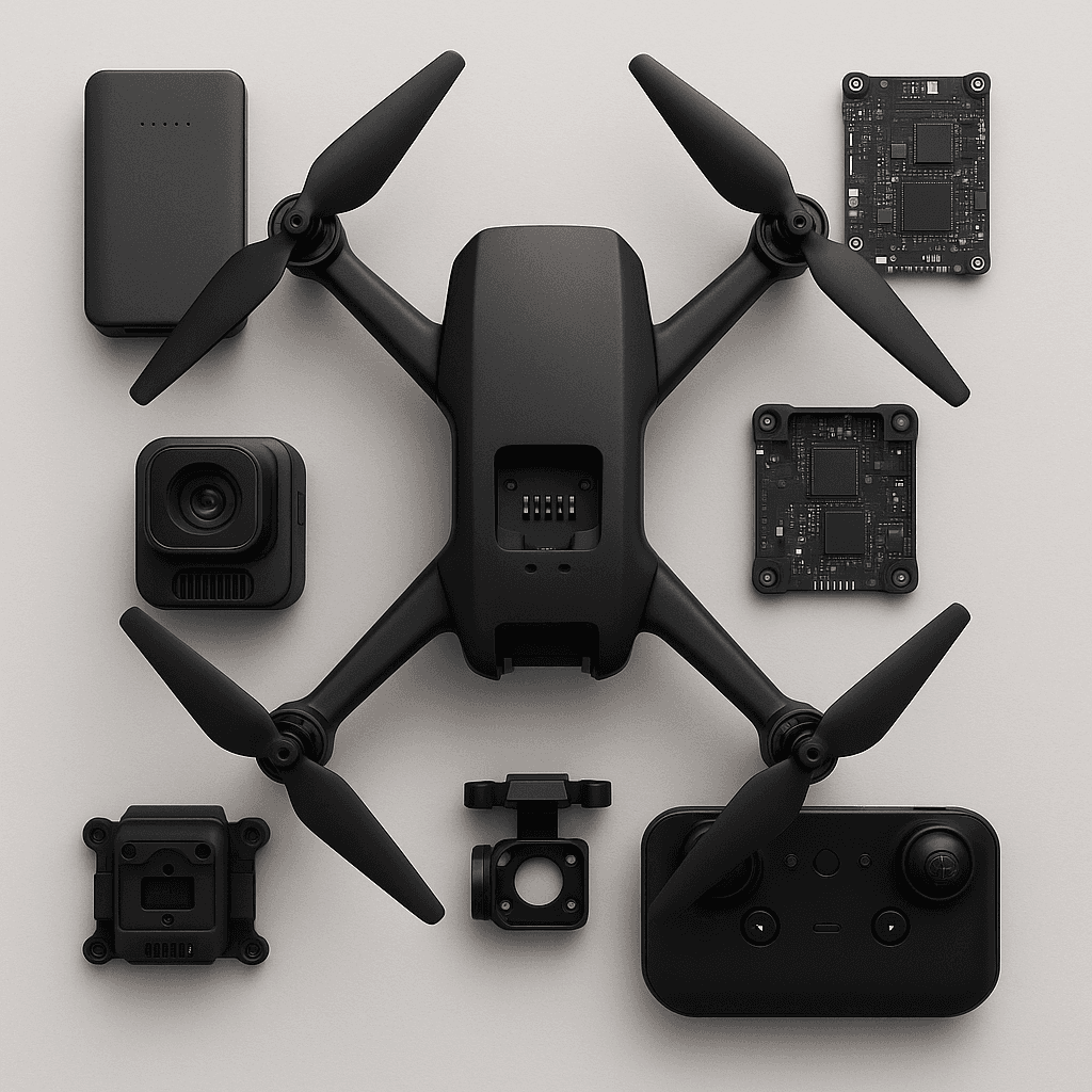 A collection of modern, black drone components including a quadcopter, camera modules, circuit boards, and a controller, neatly arranged on a light surface.