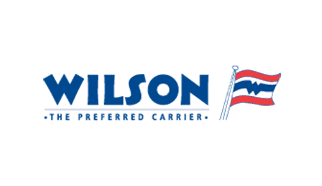 Logo of Wilson featuring the word "WILSON" with a stylized flag design in red, white, and blue.