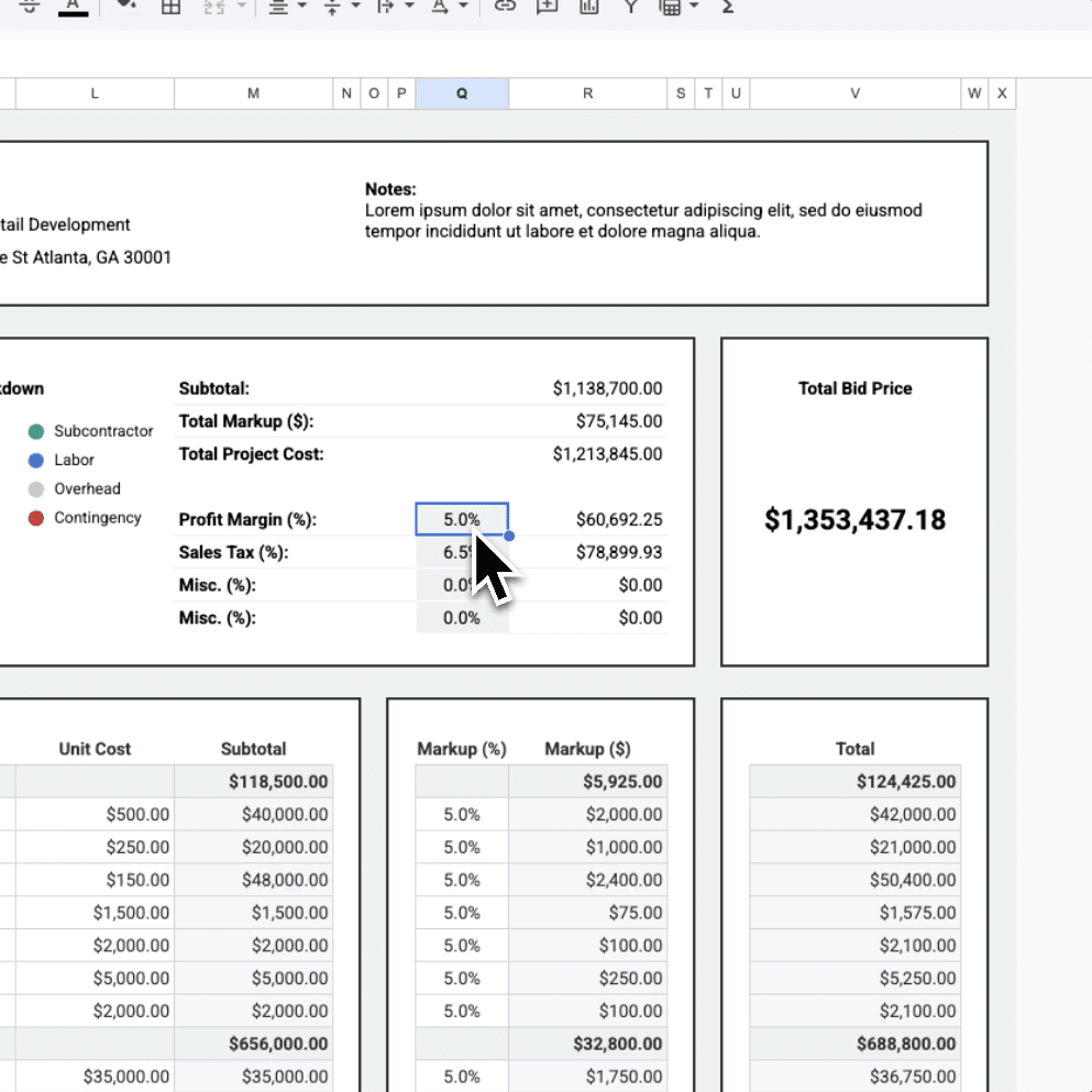 Google Sheets Construction Bid Template category breakdown – pie chart showing Material, Labor, Subcontractor, Overhead, and Contingency totals with subtotal and total project cost