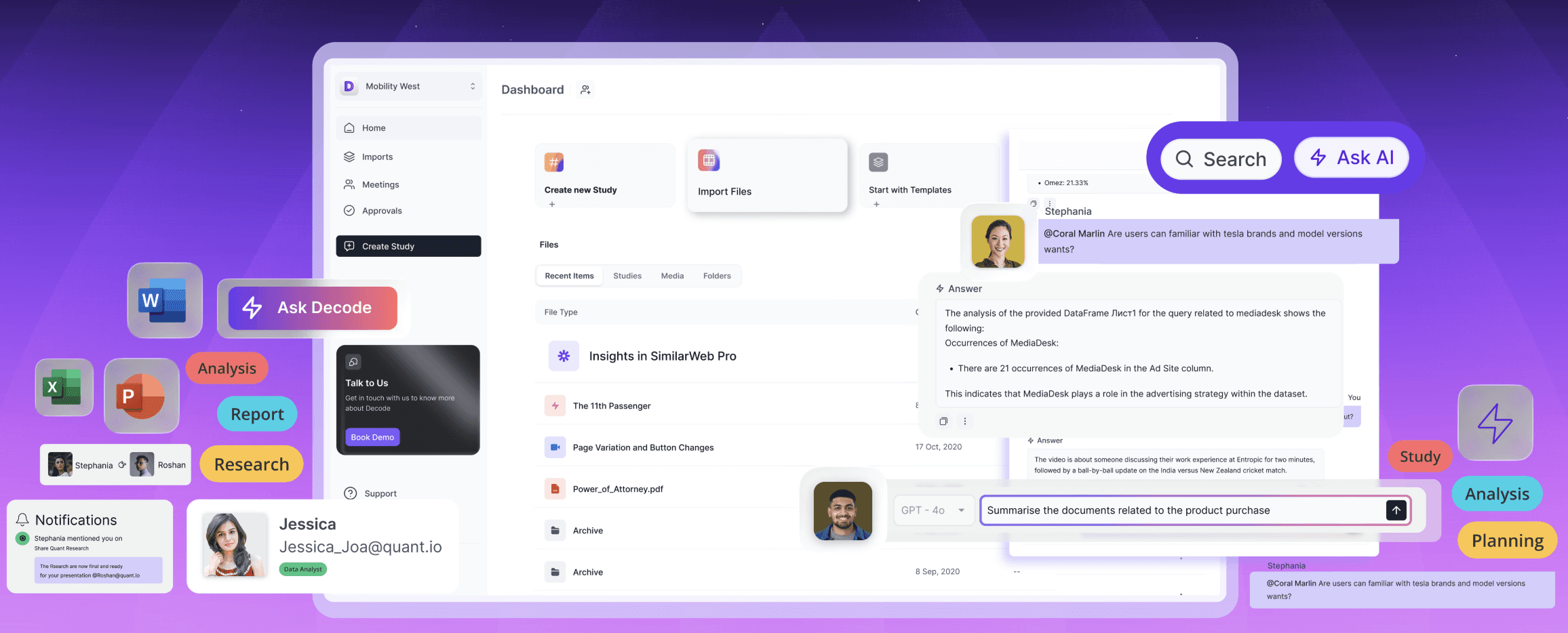 Decode Insights Hub Dashboard showing different use cases.